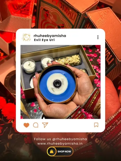 A social media feature of my Evil Eye Urli. It's handcrafted to protect your space with good vibes and divine fragrance, and comes in a luxe box for gifting.