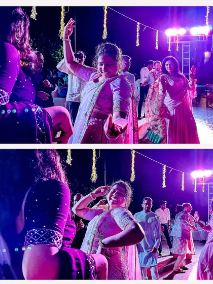 A candid shot of a guest dancing with abandon at the Sangeet. We believe in capturing the energy of everyone who is part of your special day.