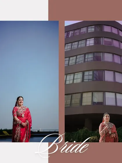 A modern bridal portrait taken outdoors. The contrast between the traditional red lehenga and the contemporary architecture creates a unique and stylish wedding day photo.