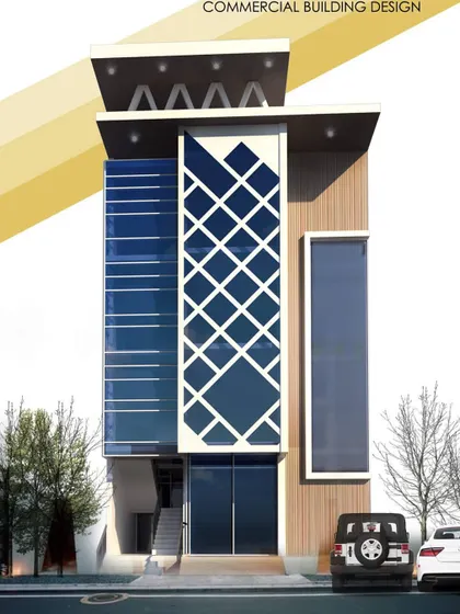 A design proposal for a narrow-front commercial building. The facade uses a combination of glass, wood paneling, and a decorative geometric screen to create a strong vertical presence and a modern aesthetic.