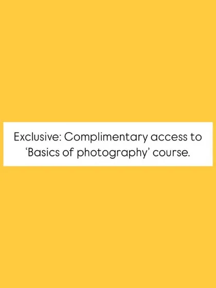 A graphic offering complimentary access to the "Basics of Photography" course with workshop registration.