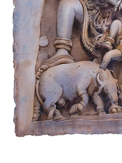 A close up detail of the "Mahishasur Mardini" painting. You can see the fine brushwork used to create the texture and dimension of the sculpture and the figures.