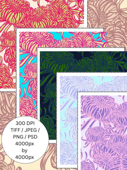 This shows the 'Petal Pop' chrysanthemum design in several different colour variations. I provide high-resolution digital files, making it easy to adapt the pattern to your specific project needs.