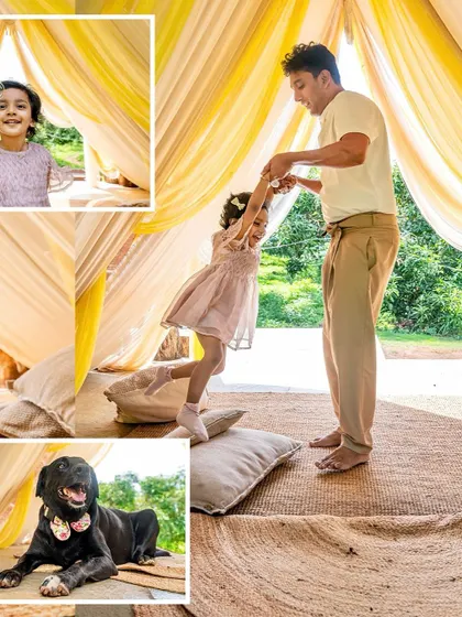 A collage capturing the playful and loving moments between a father, daughter, and their dog during a birthday shoot.