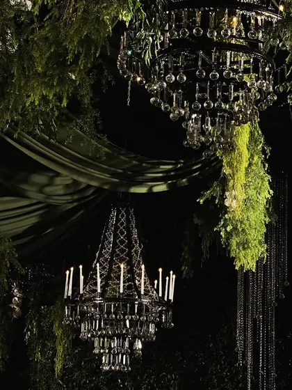 A close-up of the lighting and floral design for an enchanted forest theme. I suspended ornate black crystal chandeliers amidst lush, hanging greenery to create a dramatic contrast and a sense of mystery and elegance.