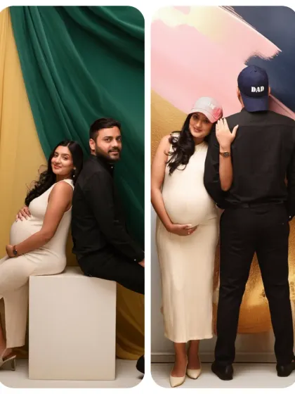 A diptych of fun and stylish couple's poses. The use of colorful backdrops and playful hats makes for a modern and unique maternity shoot.