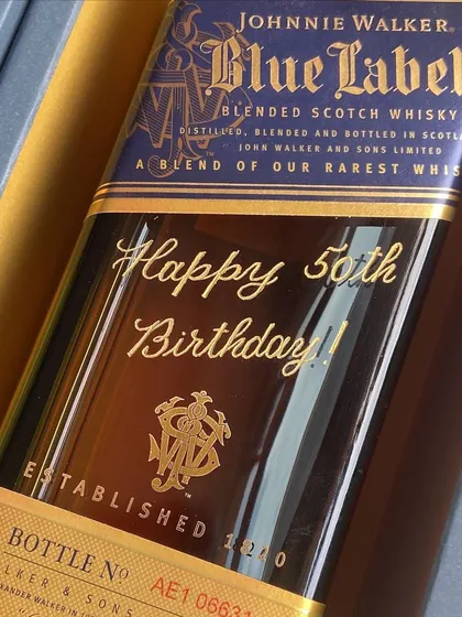I turned this beautiful bottle of Johnnie Walker Blue Label into a gift of a lifetime. The bold "Happy 50th Birthday" engraving looks so stunning, making it the perfect way to celebrate a landmark birthday.