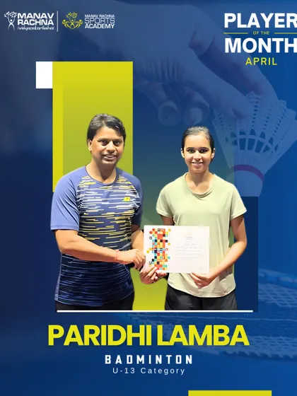 Paridhi Lamba, our Badminton Player of the Month for April (U-13). Her progress on the court has been fantastic.