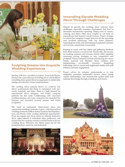 A snippet from the magazine feature, detailing my approach to sculpting dreams into exquisite wedding experiences and innovating through challenges.