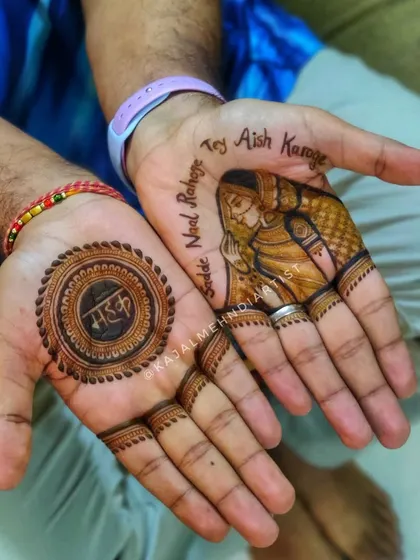 Henna isn't just for brides! I love when grooms get involved. This design features a portrait of the bride with a sweet message, and the groom's name in a beautiful mandala.