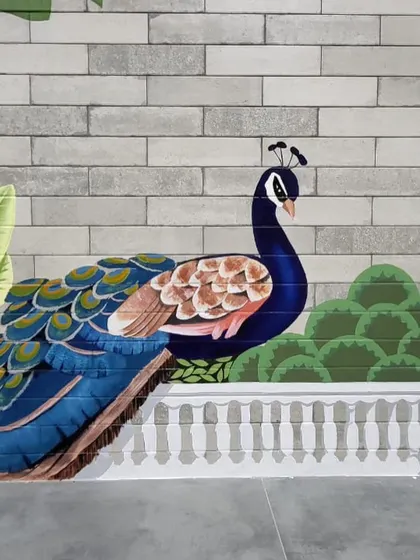 A detailed close-up of the peacock's head and neck, showcasing the fine brushwork.