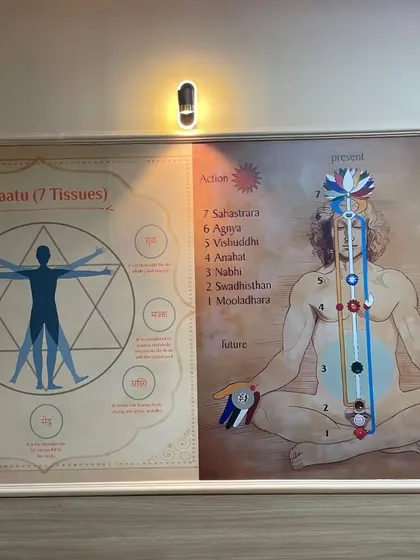 For a wellness or yoga studio, I can create informative and beautiful wall art. This mural displays charts of the seven Dhaatus and chakras, blending educational content with spiritual aesthetics.