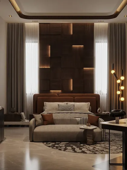 This bedroom is a layered interplay of shadow and softness, designed not just to rest, but to retreat. I used deep, rich tones to anchor the space, creating a sense of intimacy, while warm ambient lighting grazes the textures of wood and fabric, adding dimension. It’s a richly nuanced atmosphere that is tactile, immersive, and deeply personal.
