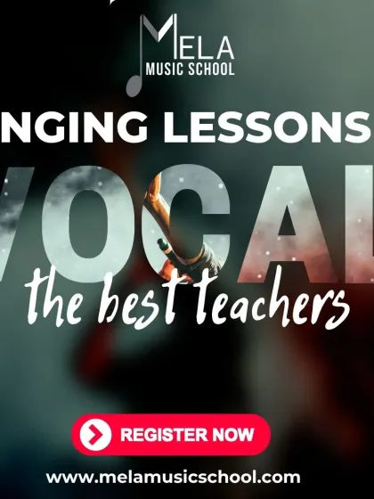 A graphic for my singing and vocal lessons. I provide the best teachers to guide you on your musical journey. Register now to get started.