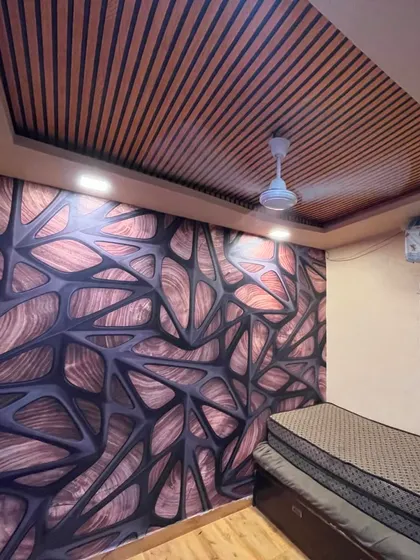 A modern bedroom featuring a 3D wallpaper with an abstract web-like pattern in dark wood tones. This design adds texture and a contemporary edge.