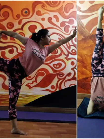 A student demonstrating her progress with Natarajasana (Dancer's Pose) and Sirsasana (Headstand) in our studio. We celebrate every milestone on the path to mastering these balancing and inverting postures.