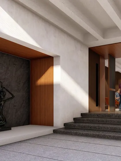Visualizing the entrance foyer for the villa project. The design uses a combination of granite steps, wood paneling, and a striking sculpture to make a powerful first impression.