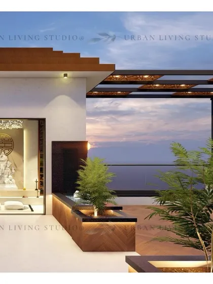 A sacred space within the outdoor design. This render for the Gurgaon project includes a beautiful, well-lit shrine area, showing how we incorporate our clients' personal needs.