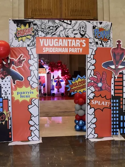 The entrance to the Spider-Man party, designed to look like a comic book page, immediately setting the tone for a super-powered event.