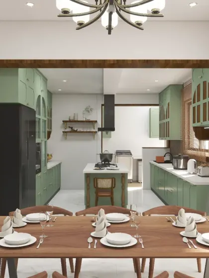 A photorealistic 3D render of a modern kitchen and dining area. This is the first step in creating a space that is perfectly tailored to your lifestyle.