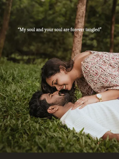 An intimate pre-wedding moment with the couple lying in the grass, captioned with a quote about tangled souls.