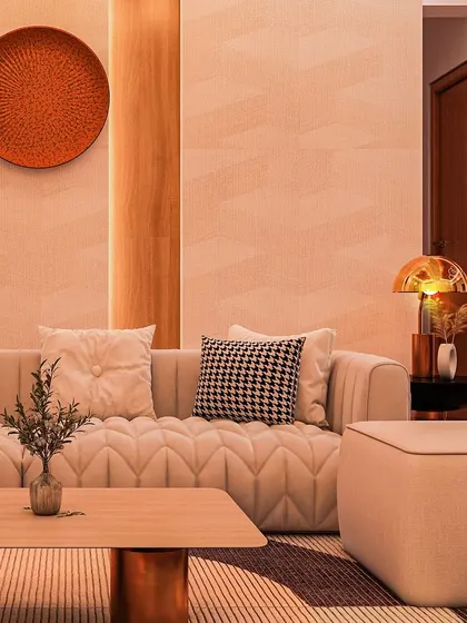A living room concept featuring a quilted sofa and warm, earthy tones. The design uses wood paneling and a large decorative plate to create a textured and inviting atmosphere.