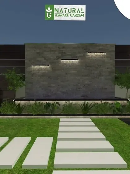 A proposed landscape design with a large water feature and a Buddha statue as the central elements.
