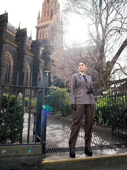 Another full-length shot of this incredible androgynous look. It's all about attitude.