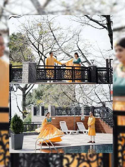 A collage showing the couple interacting by the pool and on a bridge. The images capture both playful and romantic moments from their Haldi event.