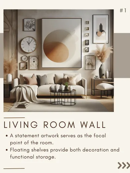 Another example of a well-styled living room wall. A statement art piece is surrounded by a gallery of smaller works and a clock, creating a dynamic and personal display above the sofa.