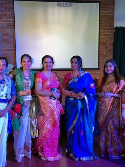 Our performers in their beautiful costumes after the Rabindra Jayanti celebration, a moment of shared joy and accomplishment.