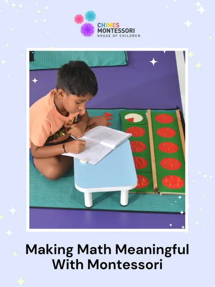 Making math meaningful is our goal. This child is engaged in a math activity, using a notebook to record his findings, bridging concrete work with abstract representation.