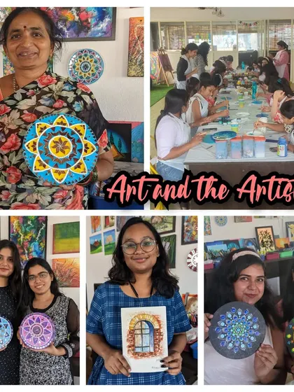 A collage of the artists and their art, featuring beautiful dot mandalas and watercolor paintings created during a weekend session.