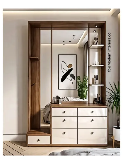 A stylish and functional dressing unit with a large mirror and six drawers. The contrast between the glossy white drawer fronts and the warm wood frame is very modern and chic.
