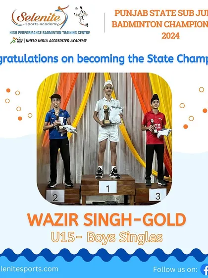 Wazir Singh on top of the podium, winning Gold in the U-15 Boys Singles at the Punjab State Sub Junior Badminton Championship. A proud moment for the academy.