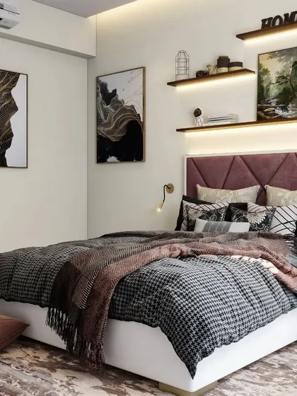 This cozy bedroom features a geometric-patterned headboard in a deep plum color, complemented by floating shelves with warm backlighting.