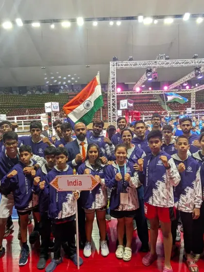 Team India, with our fighters proudly part of the contingent at an international Muay Thai tournament. It is an honor to represent our country.