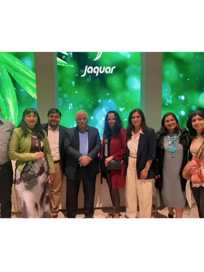 A group photo at the Jaguar booth during Milan Design Week.