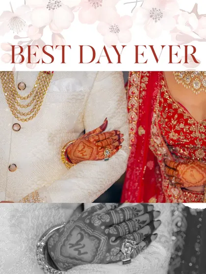 A collage celebrating the details, from the couple holding hands to the intricate mehndi with their initials. It's all in the details.