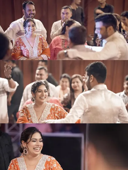 A collage of candid moments showing the bride's infectious laughter during her Sangeet or engagement celebration.