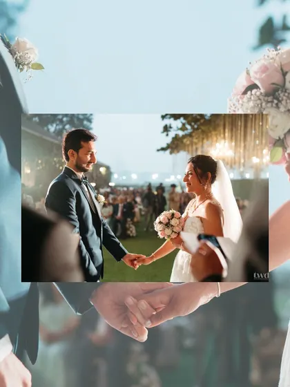 A creative shot focusing on the couple holding hands during their vow exchange. It symbolizes their unity and the promise to walk through life together.