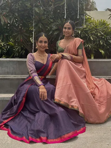 My beautiful girls, Hitha and Khushi, dressed in custom Kalasthree Langa Dhavanis. It brings me so much joy to see my creations on the people I love.