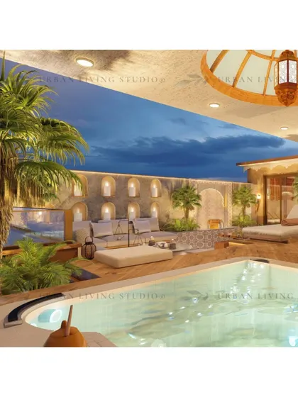 An evening view of the Moroccan terrace design, looking over the jacuzzi. The space is designed for ultimate relaxation, with plush seating, soft lighting from wall niches, and lush palm trees.