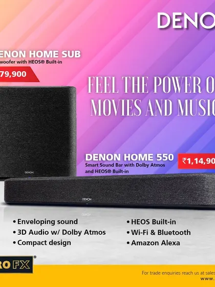 Feel the power of movies and music with the Denon Home 550 Smart Sound Bar and Denon Home Subwoofer. This combination delivers enveloping 3D audio with Dolby Atmos in a compact design.