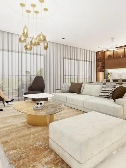 A concept render for the living and dining space of a 2500 sqft apartment. The design features an open layout with a neutral color palette, accented by warm wood tones and statement gold lighting fixtures.