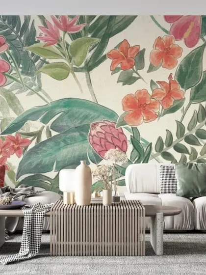 A soft, watercolor-style tropical floral mural that adds an artistic and refreshing touch to this living room.