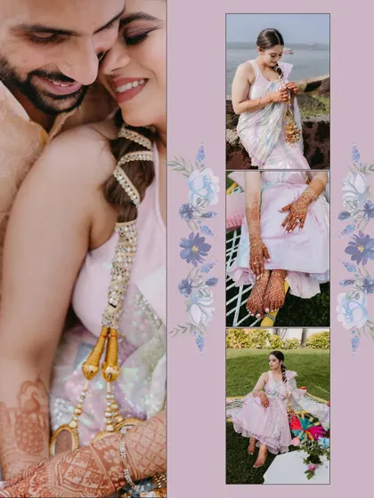 A creative collage combining a close-up of the couple with detail shots of the bride's outfit, henna, and floral accessories.