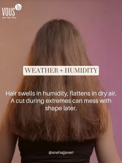 Your hair reacts to everything from weather and humidity to your own body's cycles. This graphic explains how extreme weather can affect your haircut's shape, making timing an important factor.