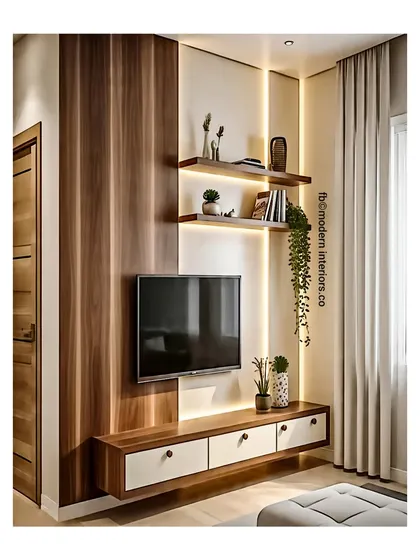 This compact TV unit is perfect for smaller spaces. The vertical wood paneling adds a sense of height, while the floating white console and backlit shelves provide storage without feeling heavy.