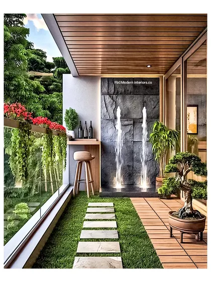 A closer look at the dual-fountain design. This image highlights the beautiful bonsai tree and hanging planters that complement the water feature, creating a balanced and zen-like atmosphere.